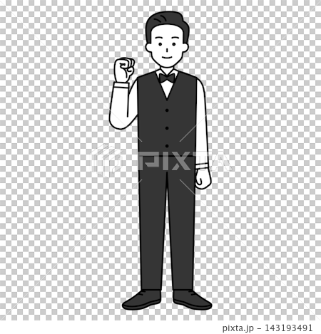 一名男性餐廳員工(全身照)擺出勝利姿勢。 一名男性餐廳員工(全身照)擺出勝利姿勢。 143193491