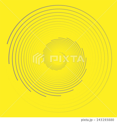 Circle very peri dots isolated on the yellow background. Geometric art. Design element for frame, logo, tattoo, web pages, print, poster, template, abstract vector background. Optical illusion shape. 143193880