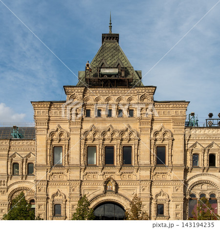 Historic Ornate Facade of a Landmark Moscow Department Store With Decorative Roof and Windows 143194235