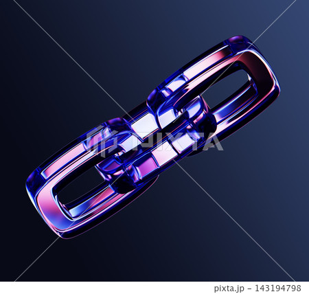 3D glass chain link icon on dark background in pink blue neon light. Crystal holographic rings, symbol of connection, teamwork, blockchain, security, partnership and business strength. 3D illustration 143194798