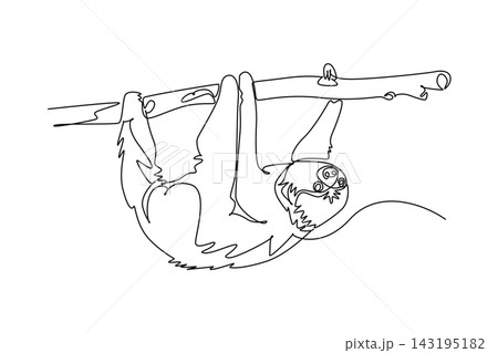 Single one line drawing animal sloth hanging upside down on a tree branch. Tropical jungle fauna conservation, and exotic nature biodiversity. Continuous line draw design graphic vector illustration Single one line drawing animal sloth hanging upside down on a tree branch. Tropical jungle fauna conservation, and exotic nature biodiversity. Continuous line draw design graphic vector illustration 143195182