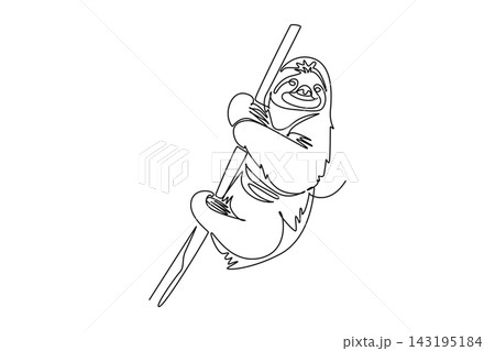 Continuous one line drawing happy sloth hanging lazily from a tree branch. Claws, smiling face, and relaxed posture in tropical rainforest wildlife. Single line draw design vector graphic illustration Continuous one line drawing happy sloth hanging lazily from a tree branch. Claws, smiling face, and relaxed posture in tropical rainforest wildlife. Single line draw design vector graphic illustration 143195184