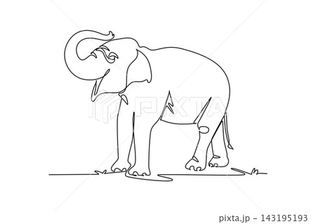 Single continuous line drawing elephant animal lifting its trunk upright, endangered species conservation, jungle biodiversity, savanna nature beauty. One line draw graphic design vector illustration 143195193