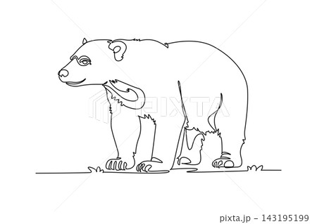 Single one line drawing wild sun bear standing on all fours. Stocky body, expressive face, and claws, representing tropical rainforest wildlife. Continuous line draw design graphic vector illustration 143195199