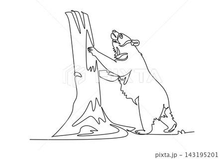 Single one line drawing a wild bear animal standing on its hind legs and leaning against a tree trunk in nature, artistic modern sketch style. Continuous line draw design graphic vector illustration 143195201