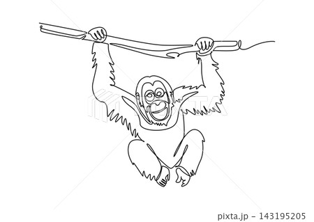 Single one line drawing wild orangutan animal hanging playfully from a tree branch. Endangered species conservation, exotic jungle biodiversity. Continuous line draw design graphic vector illustration 143195205