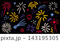 Colorful hand drawn firework doodle set. Bright fireworks, stars, and sparkle lines sketch. Festive crayon firecracker decoration for New Year and birthday party design. 143195305