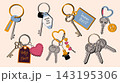Retro hotel keychain set with vintage keys, heart tag, motel trinkets, and charms. 143195306
