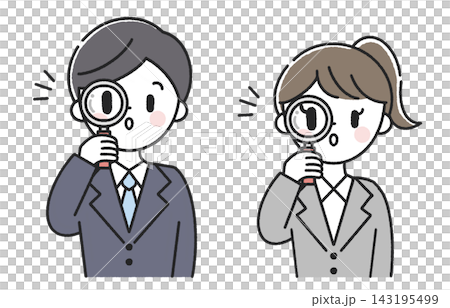 虫眼鏡を覗く男性社員と女性社員 虫眼鏡を覗く男性社員と女性社員 143195499