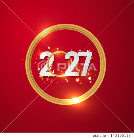 2027 Red Happy New Year Greeting Banner. Christmas Banner with Glitter Numbers date 2026 on Festive Background. 143196118