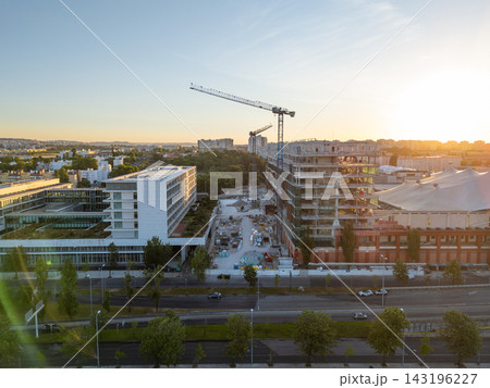 Drone view of modern office buildings and construction site in Lisbon  143196227