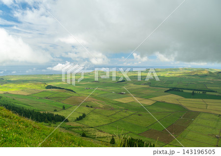 Panoramic View of Serra do Cume Patchwork Fields, Terceira Island, Azores 143196505