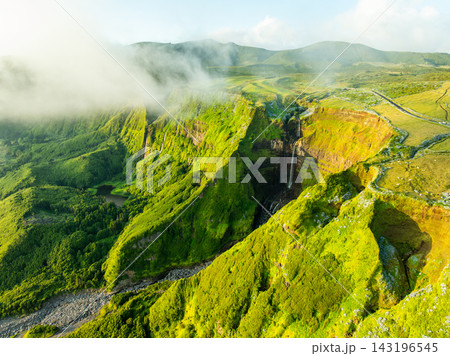 Ribeira Grande Waterfall, Green Lush Cliffs. Flores Island, Azores, Portugal 143196545