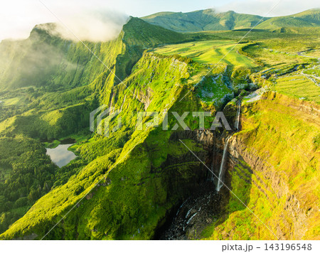 Ribeira Grande Waterfall, Green Lush Cliffs. Flores Island, Azores, Portugal 143196548