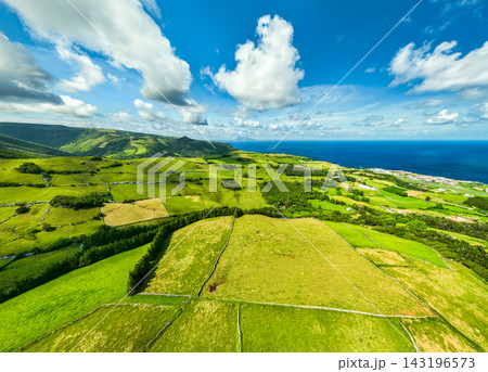 Green Fields of Flores Island with Corvo Island View, Azores, Portugal 143196573