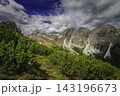 Mountain landscape with alpine vegetation and rugged peaks 143196673