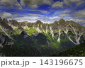 Mountain range with rugged peaks and green alpine slopes 143196675