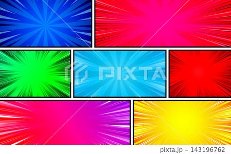 Colorful comic book page background with radial rays halftone lines humor effect. 143196762