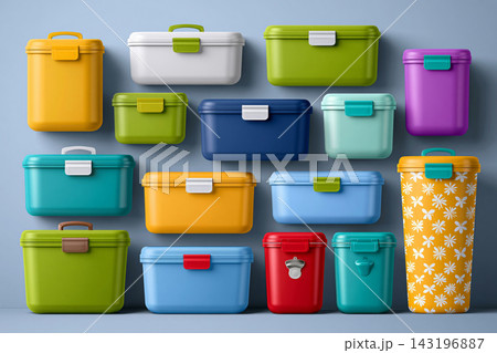 Reusable waterproof lunch container collection with colorful locking clips, bright studio lighting, 143196887