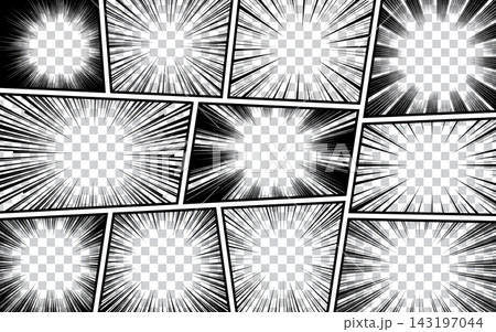 Comic book page template with radial effect, halftone, on transparent background. Pop art style Comic book page template with radial effect, halftone, on transparent background. Pop art style 143197044