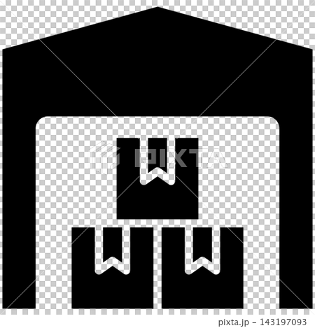Glyph style icon illustration of a storage warehouse building filled with stacked cardboard boxes isolated on transparent background. Black solid silhouette design element. Glyph style icon illustration of a storage warehouse building filled with stacked cardboard boxes isolated on transparent background. Black solid silhouette design element. 143197093