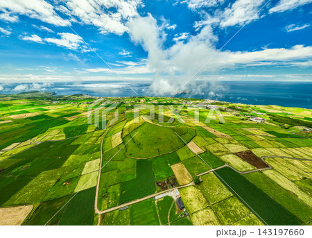 Pico Dona Joana and Patchwork Fields on Sunny Day. Terceira Island, Azores Pico Dona Joana and Patchwork Fields on Sunny Day. Terceira Island, Azores 143197660