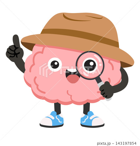 Brain Character Vector Mascot with Magnifying Glass and Explorer Hat for Education and Discovery 143197854