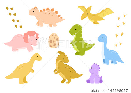 Cute cartoon dinosaur characters, flat vector colorful isolated illustrations set. Adorable baby dinos T-rex and triceratops for kids projects and childish nursery designs. Cute cartoon dinosaur characters, flat vector colorful isolated illustrations set. Adorable baby dinos T-rex and triceratops for kids projects and childish nursery designs. 143198037