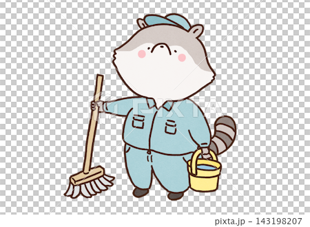 一隻穿著工作服的浣熊，拿著拖把和水桶，扮演清潔工的角色。 143198207