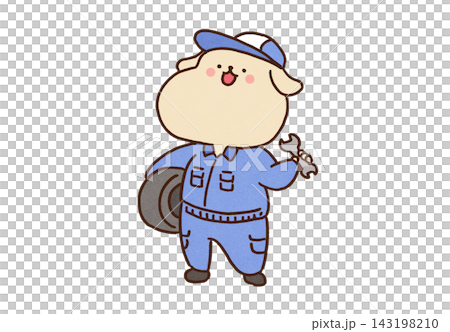 A dog (Retriever) dressed in work clothes, holding a tire and a wrench, dressed as a car mechanic. A dog (Retriever) dressed in work clothes, holding a tire and a wrench, dressed as a car mechanic. 143198210