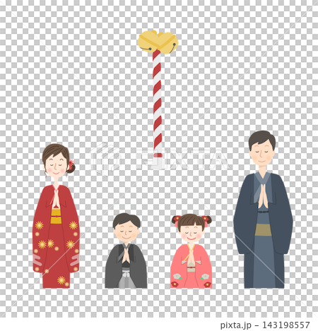 着物を着て神社で参拝する家族 143198557