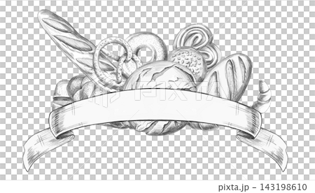 Pencil drawing of baked goods with a ribbon for text. An isolated illustration for decorating bakeries, cafes, food delivery services, kitchen textiles, menus, logos, and culinary blogs. Pencil drawing of baked goods with a ribbon for text. An isolated illustration for decorating bakeries, cafes, food delivery services, kitchen textiles, menus, logos, and culinary blogs. 143198610