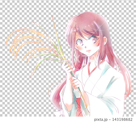 A shrine maiden holding rice A shrine maiden holding rice 143198682