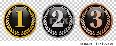 Black, gold, silver, and bronze medal set for 1st, 2nd, and 3rd place. High-quality ranking badge material. Black, gold, silver, and bronze medal set for 1st, 2nd, and 3rd place. High-quality ranking badge material. 143199356