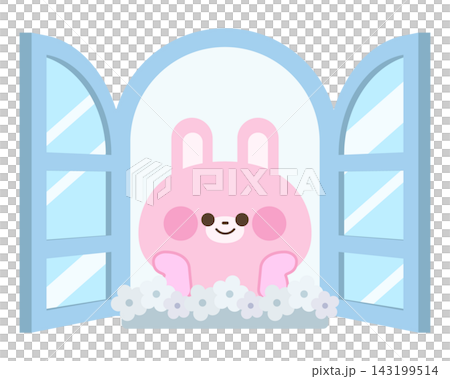 A cute rabbit resting its chin on its hand in the window (with a flower bed) A cute rabbit resting its chin on its hand in the window (with a flower bed) 143199514