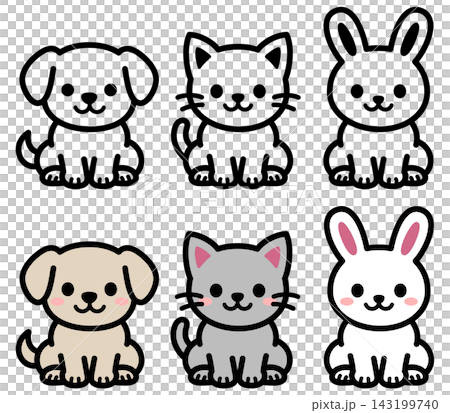 Cute dog, cat, and rabbit illustration icon set | Simple line art & color animal characters Cute dog, cat, and rabbit illustration icon set | Simple line art & color animal characters 143199740