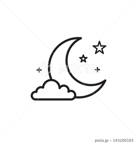 Minimalist line art of a crescent moon, clouds, and stars for night and Halloween themes. Minimalist line art of a crescent moon, clouds, and stars for night and Halloween themes. 143200165