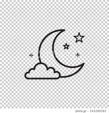 Minimalist line art of a crescent moon, clouds, and stars for night and Halloween themes. Minimalist line art of a crescent moon, clouds, and stars for night and Halloween themes. 143200165