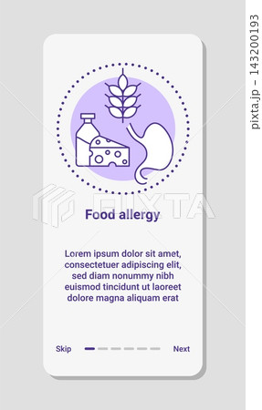 Food allergy app screen. Minimal mobile UI banner with allergic food icons, headline, text block and navigation, healthcare information interface mockup design. Vector minimal isolated template Food allergy app screen. Minimal mobile UI banner with allergic food icons, headline, text block and navigation, healthcare information interface mockup design. Vector minimal isolated template 143200193