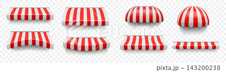 Shop awning. Red and white canopy roof, stripe market tent or vintage store sunshade. Restaurant front, grocery, shop facade decoration. Architecture elements. Vector realistic illustration 143200238