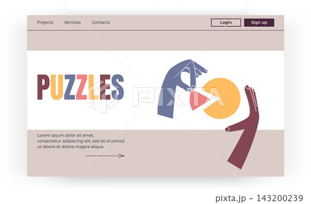 Puzzle piece landing page. Minimal website web banner with navigation and abstract hands assembling shape, interactive UI design creative problem solving concept. Vector cartoon isolated 143200239