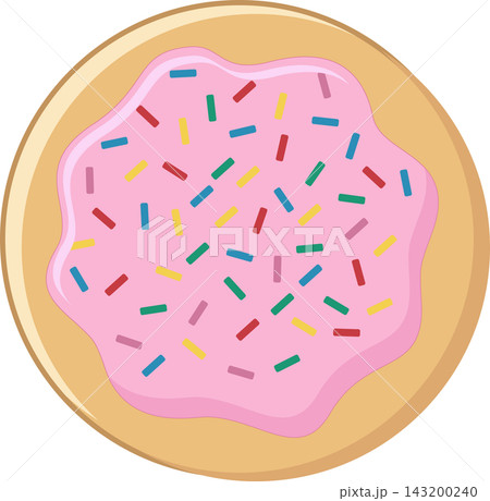 Illustration of a round biscuit with pink glaze patch and assortment of multicolored jimmies scattered across the top. Illustration of a round biscuit with pink glaze patch and assortment of multicolored jimmies scattered across the top. 143200240