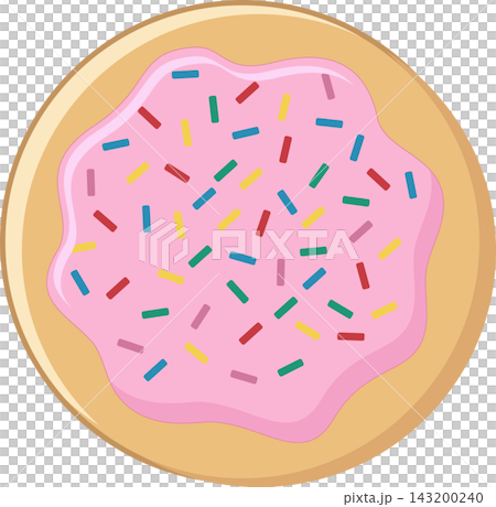 Illustration of a round biscuit with pink glaze patch and assortment of multicolored jimmies scattered across the top. Illustration of a round biscuit with pink glaze patch and assortment of multicolored jimmies scattered across the top. 143200240