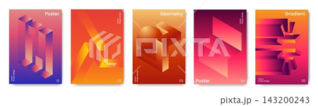 Geometric gradient. Abstract creative background, square pattern poster or cover with 3d shapes in vibrant perspective, contemporary visual identity. Vector cartoon isolated minimal concept 143200243