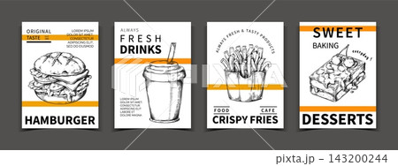Fast food menu posters. Monochrome hand drawn burger, drink, fries and dessert cards, cafe advertising typography design. Takeaway snack. Vector minimal flat style isolated illustration 143200244