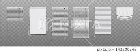 Blinds set. Open window curtain, venetian white frame or office roller for home interior. 3d horizontal room object. Horizontal roller stripes and blackout textile. Vector png illustration 143200248