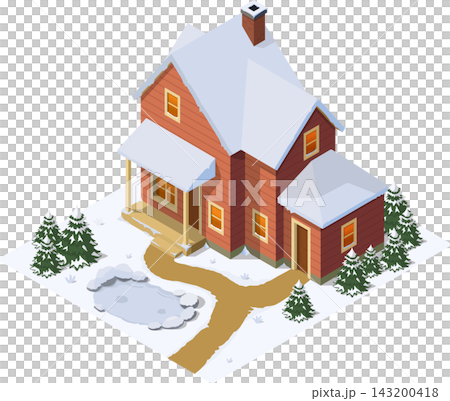 House covered in snow and frozen pond House covered in snow and frozen pond 143200418