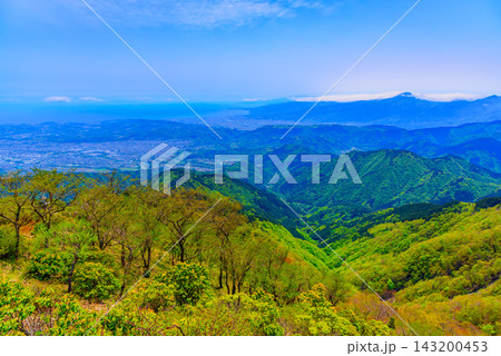 初夏の丹沢塔ノ岳の花立山荘付近の展望ポイントから青空のもと輝く相模湾と眼下の街並みを広く捉えた風景 初夏の丹沢塔ノ岳の花立山荘付近の展望ポイントから青空のもと輝く相模湾と眼下の街並みを広く捉えた風景 143200453