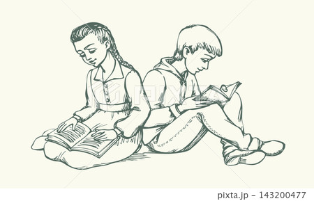 Vector drawing. Kids reading a book Vector drawing. Kids reading a book 143200477