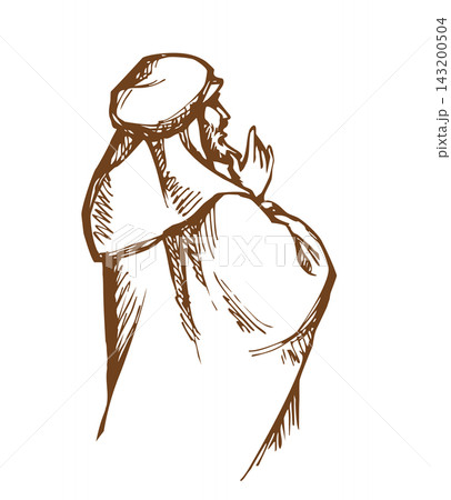 Vector drawing. Praying man. Back view Vector drawing. Praying man. Back view 143200504